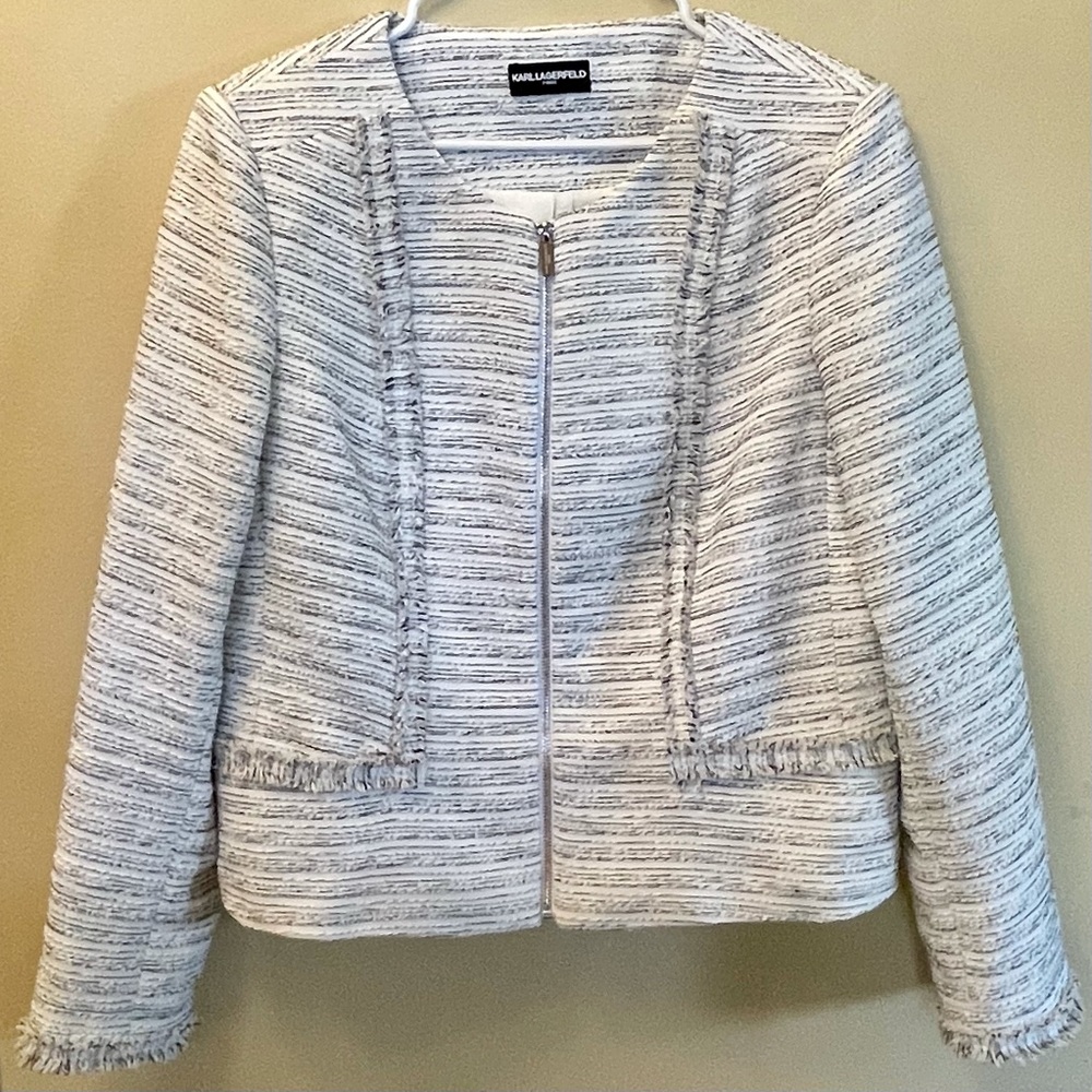 Karl Lagerfeld Jacket Blazer - White Black Tweed with Fringe Trim - very CoCo